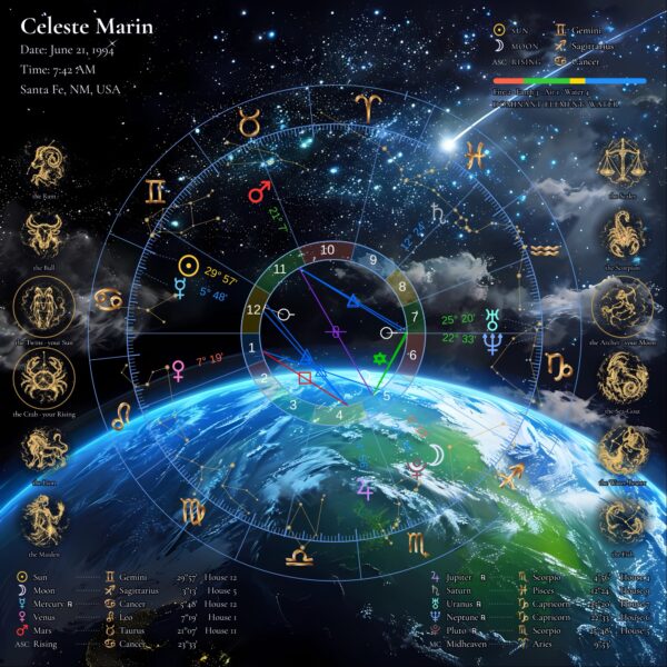 Earthscape personalized natal birth chart metal print, full chart straight on over a view of Earth from space, with name, birth date, time and place