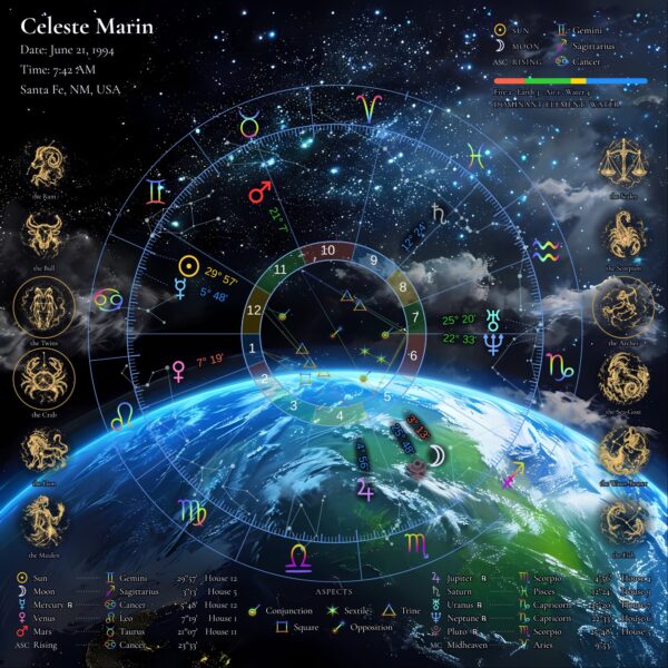 Earthscape personalized natal birth chart metal print, full chart straight on over a view of Earth from space, with name, birth date, time and place
