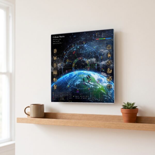 Earthscape personalized birth chart metal print hanging on a wall above a shelf, 12 x 12 inches
