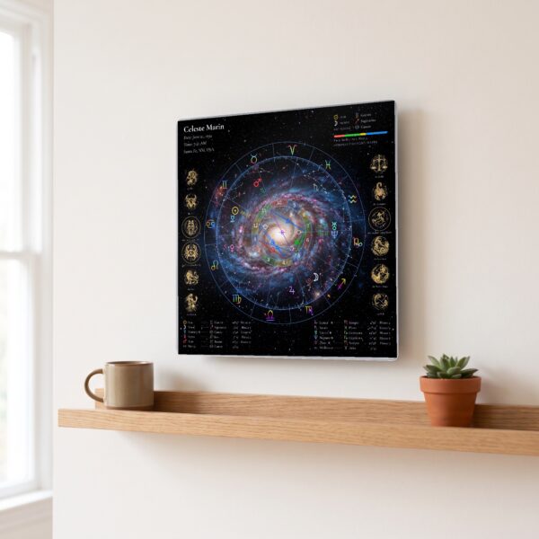 Spiral Galaxy Neon personalized birth chart metal print hanging on a wall above a shelf, 12 x 12 inches