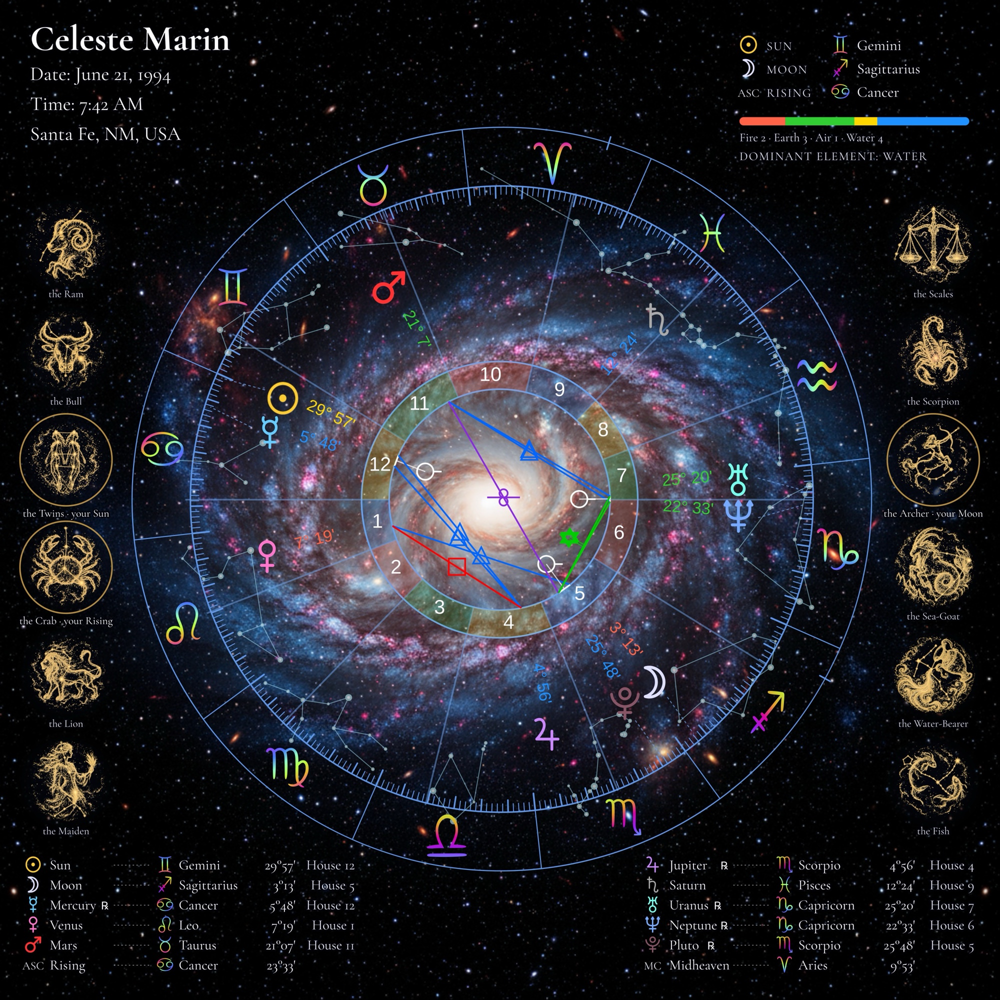 Spiral Galaxy Neon personalized natal birth chart metal print, full chart straight on, with name, birth date, time and place