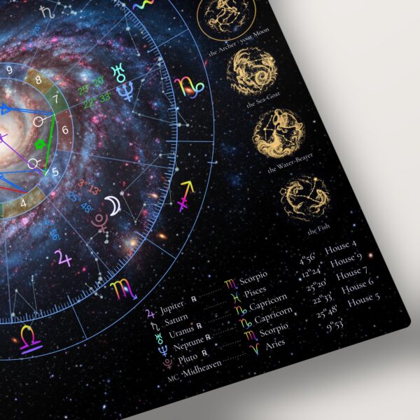 Corner detail of the 12x12 glossy metal panel, Spiral Galaxy Neon personalized birth chart print