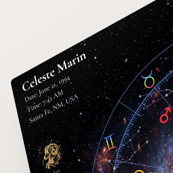 Close-up of the personalized name, birth date, time and place on the Spiral Galaxy Neon natal chart metal print