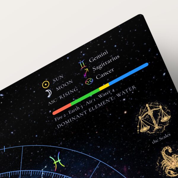 Big Three detail (Sun, Moon and Rising signs) on the Spiral Galaxy Neon personalized natal chart metal print