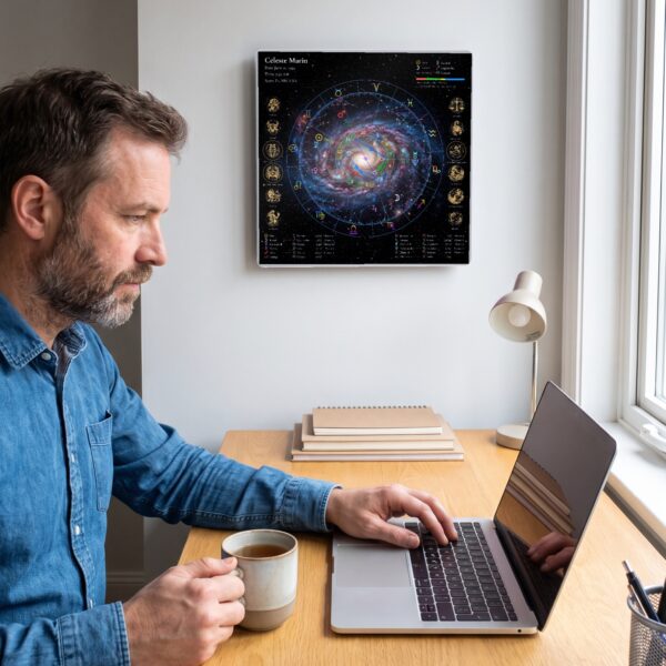 Person at a desk with a Spiral Galaxy Neon personalized birth chart metal print on the wall