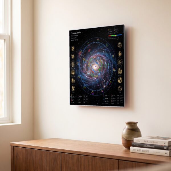 Spiral Galaxy Neon personalized natal birth chart metal print displayed in a living room