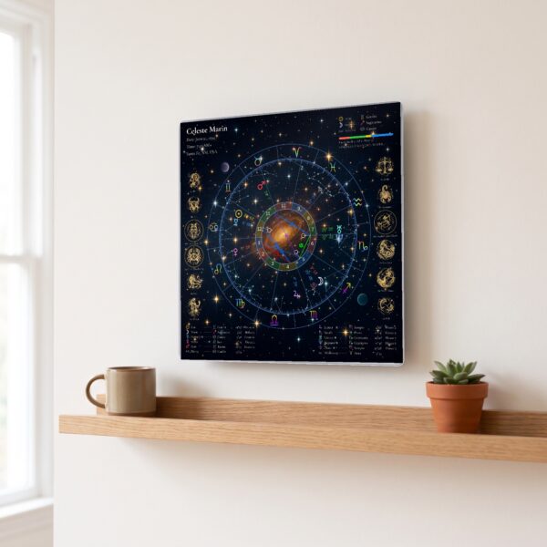 Starry Night personalized birth chart metal print hanging on a wall above a shelf, 12 x 12 inches