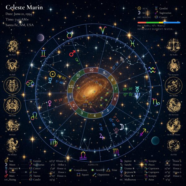 Starry Night personalized natal birth chart metal print, full chart straight on over a golden starfield, with name, birth date, time and place