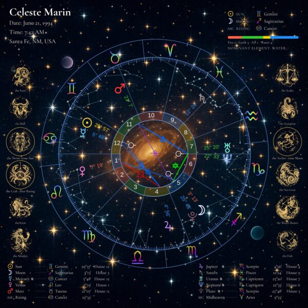 Starry Night personalized natal birth chart metal print, full chart straight on, with name, birth date, time and place