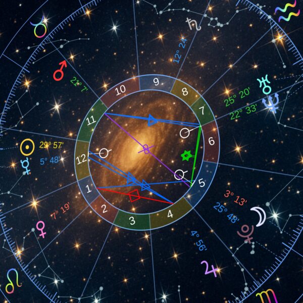 Close-up of the natal chart wheel on the Starry Night personalized metal print, planets and houses over a golden starfield