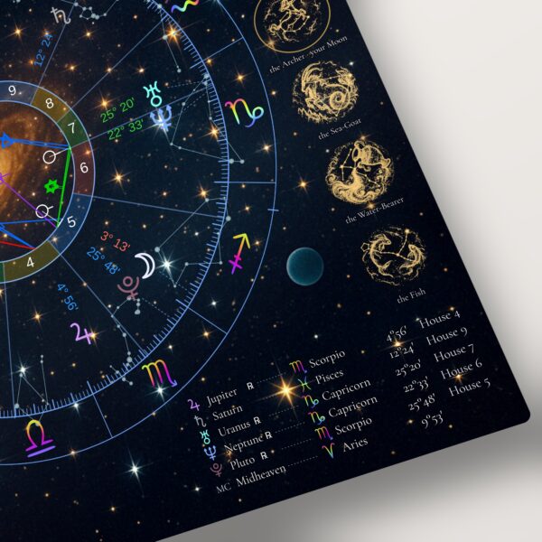 Corner detail of the 12x12 glossy metal panel, Starry Night personalized birth chart print