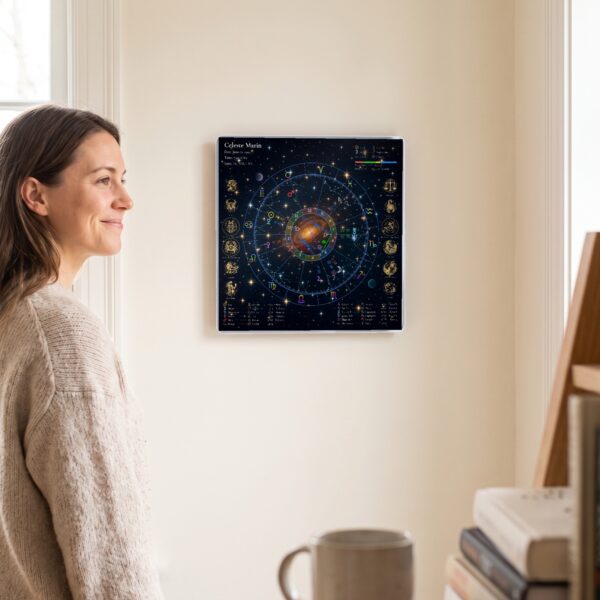 Woman admiring her Starry Night personalized birth chart metal print hanging on a wall