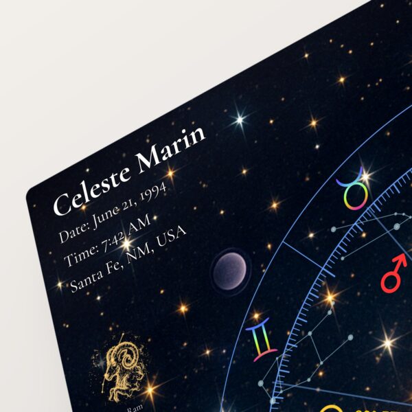 Close-up of the personalized name, birth date, time and place on the Starry Night natal chart metal print