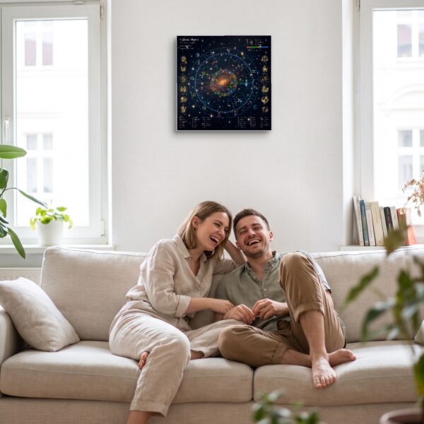 Couple on a sofa beneath a Starry Night personalized birth chart metal print