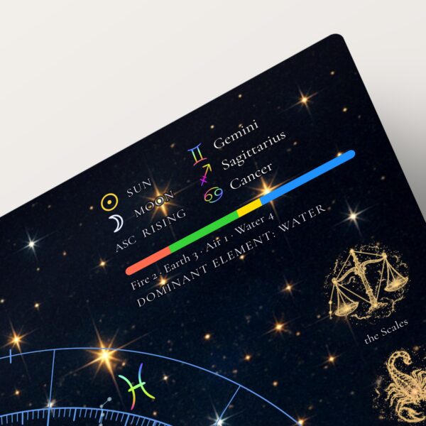 Big Three detail (Sun, Moon and Rising signs) on the Starry Night personalized natal chart metal print