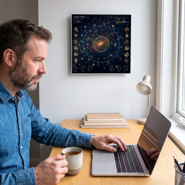 Person at a desk with a Starry Night personalized birth chart metal print on the wall