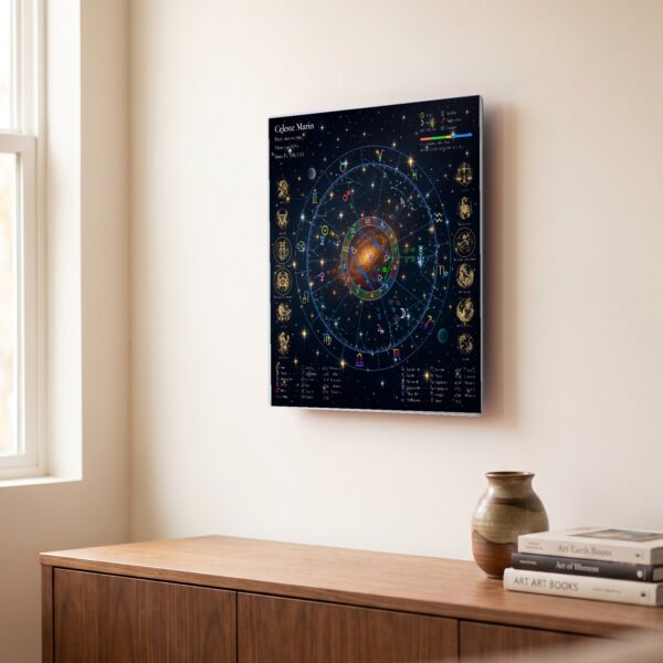 Starry Night personalized natal birth chart metal print displayed in a living room