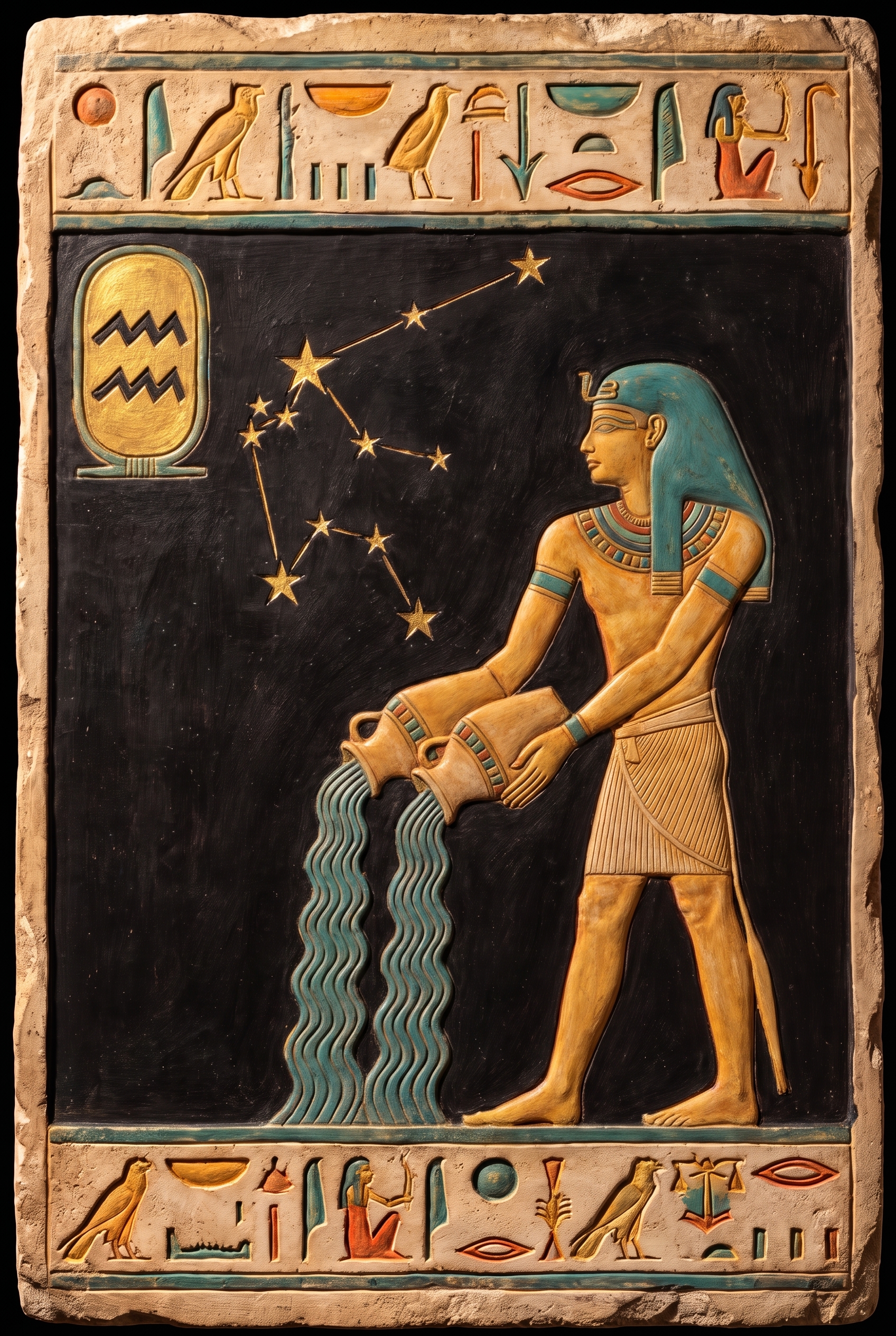 Ancient Egyptian relief of the zodiac sign Aquarius, the water-bearer