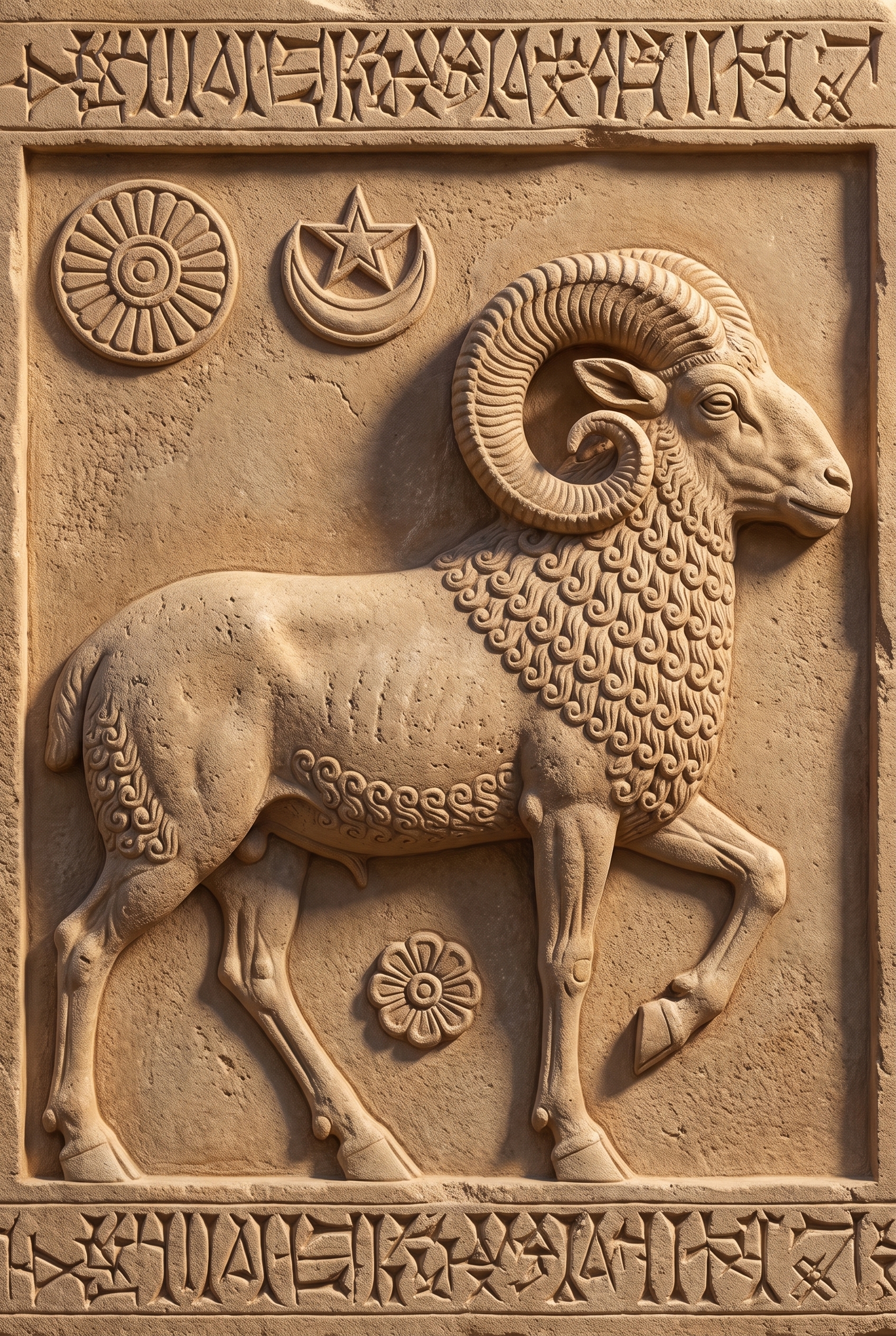 Ancient Babylonian relief of the zodiac sign Aries, the ram