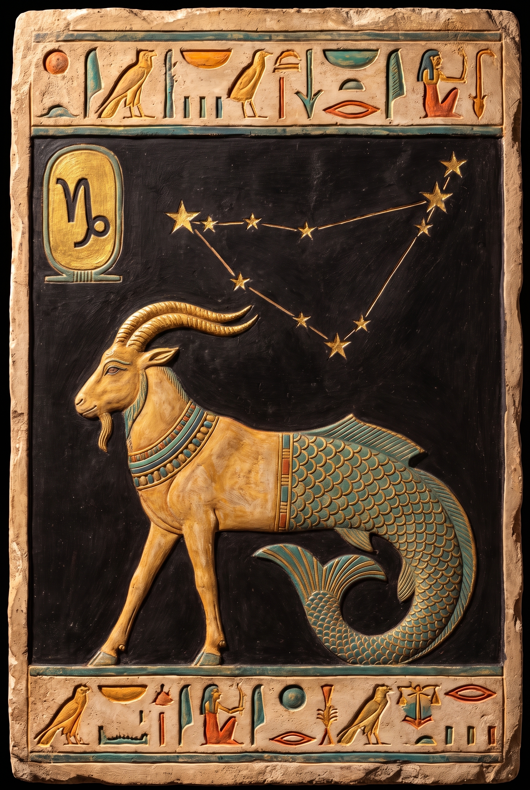 Ancient Egyptian relief of the zodiac sign Capricorn, the goat-fish