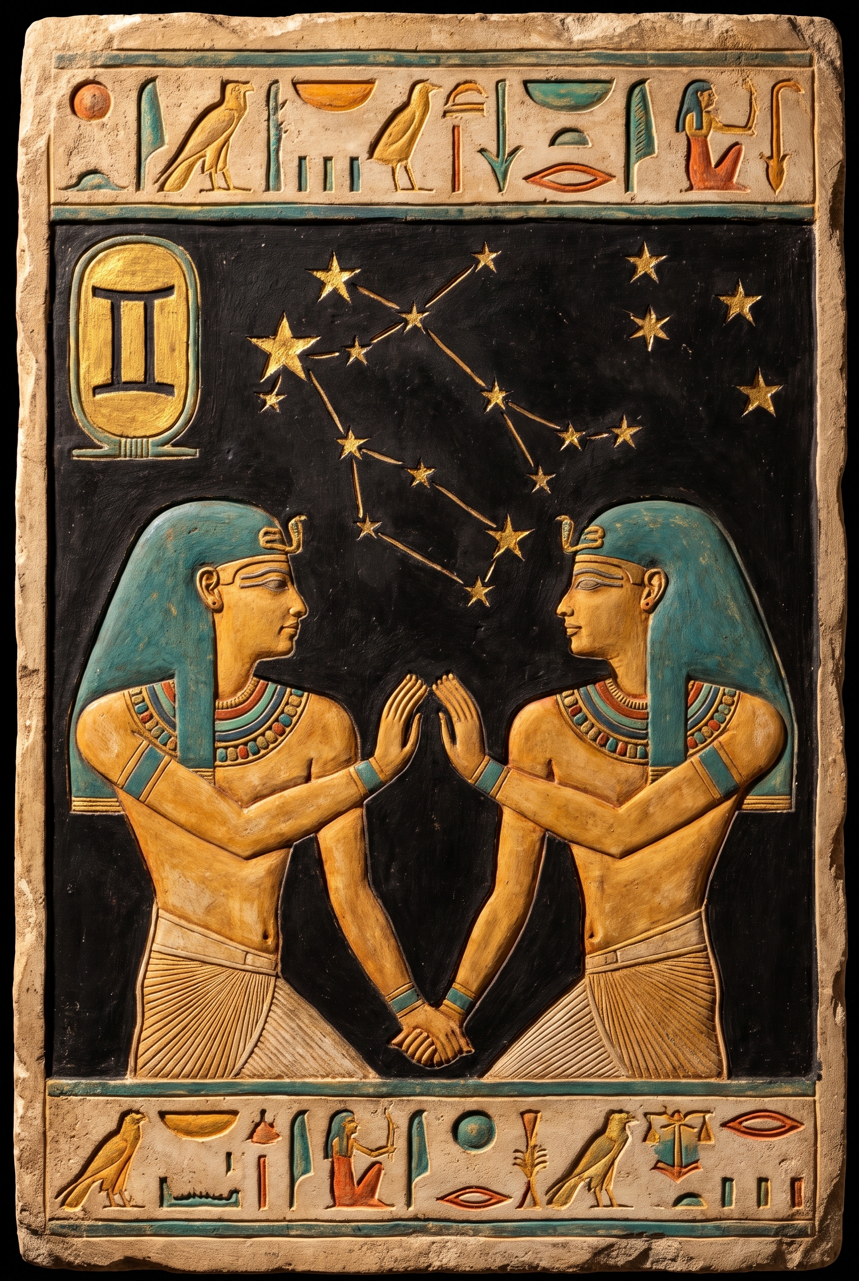 Ancient Egyptian relief of the zodiac sign Gemini, the twins