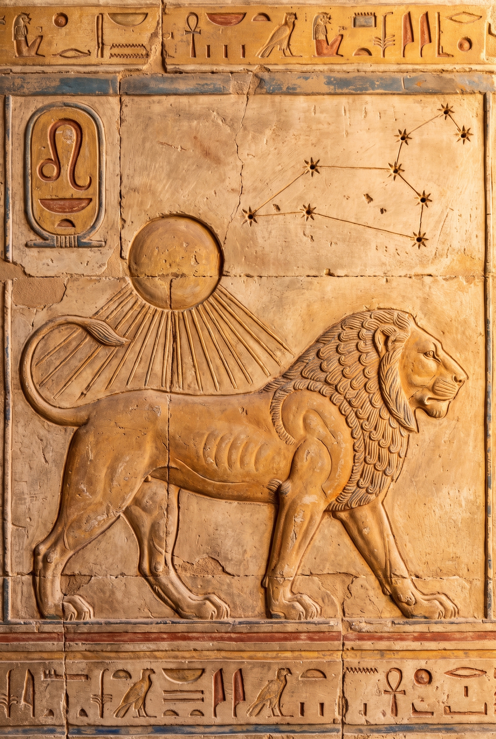 Ancient Egyptian relief of the zodiac sign Leo, the lion