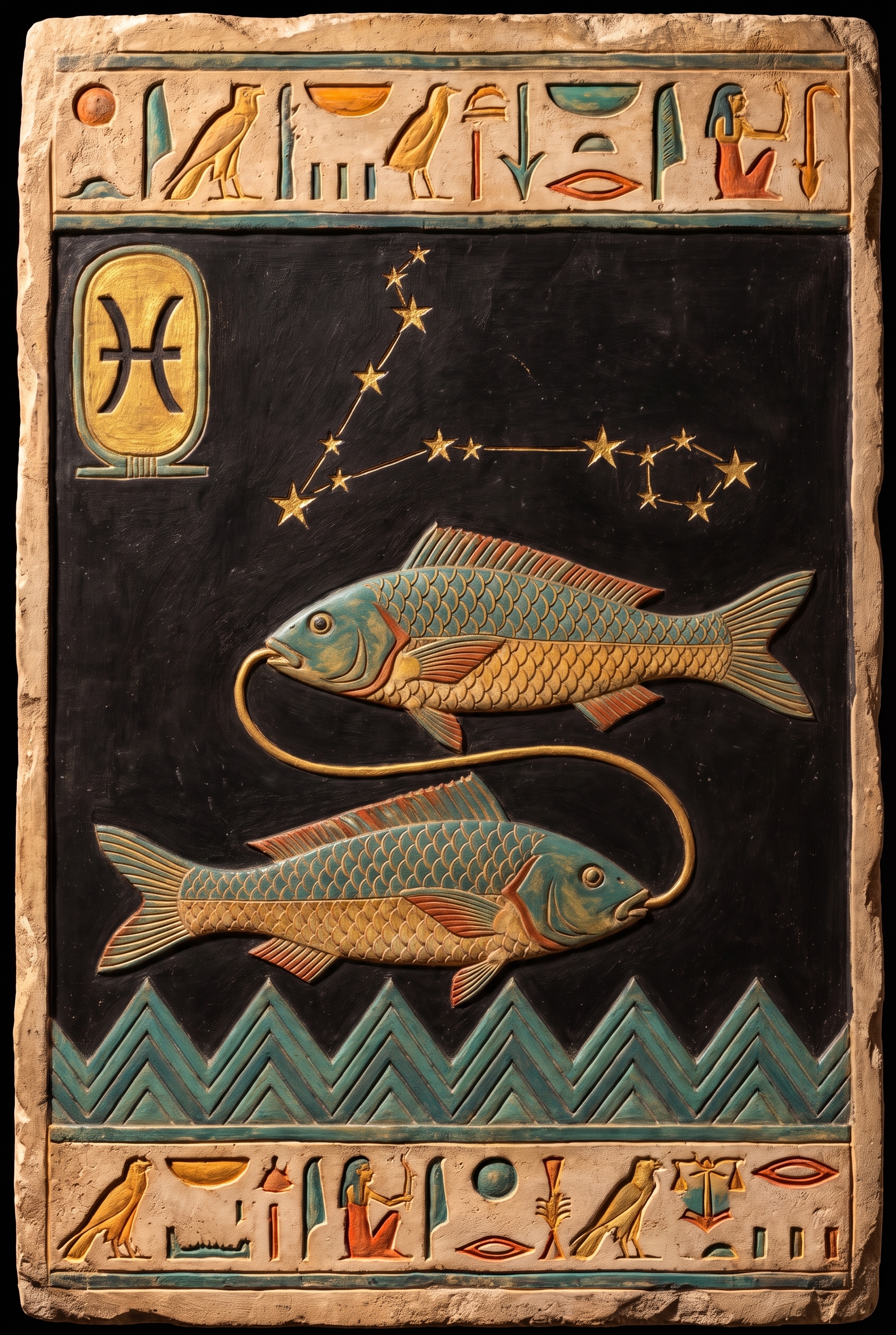 Ancient Egyptian relief of the zodiac sign Pisces, two fish tied by a cord
