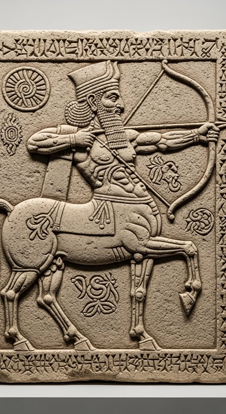Ancient Babylonian relief of the zodiac sign Sagittarius, the archer