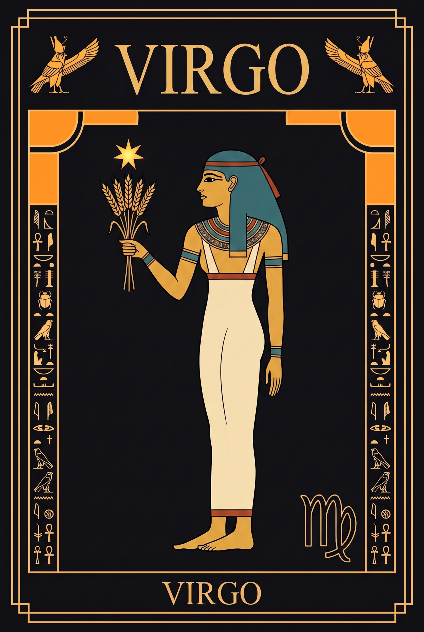 Ancient Egyptian relief of the zodiac sign Virgo, the maiden holding wheat
