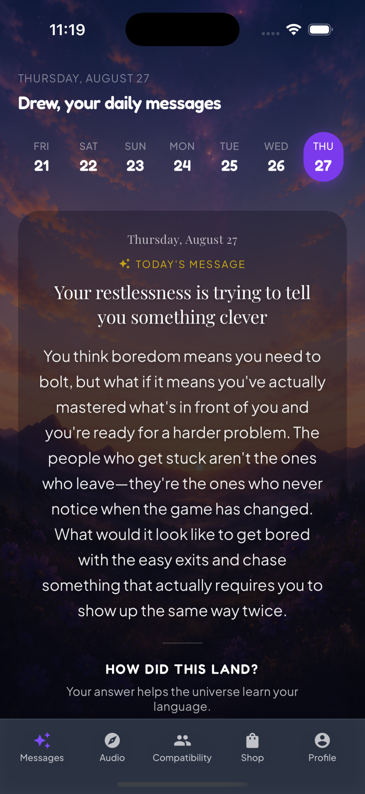 The AstraSolara Messages screen with the morning's message