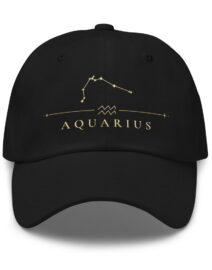Black classic dad hat with gold Aquarius constellation and AQUARIUS wordmark