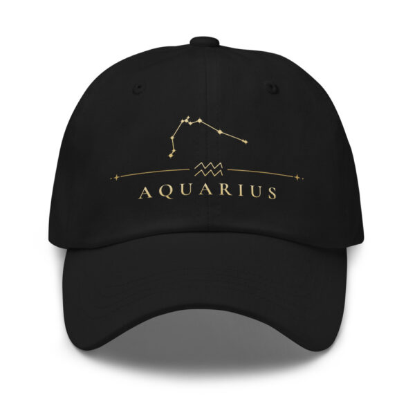 Black classic dad hat with gold Aquarius constellation and AQUARIUS wordmark