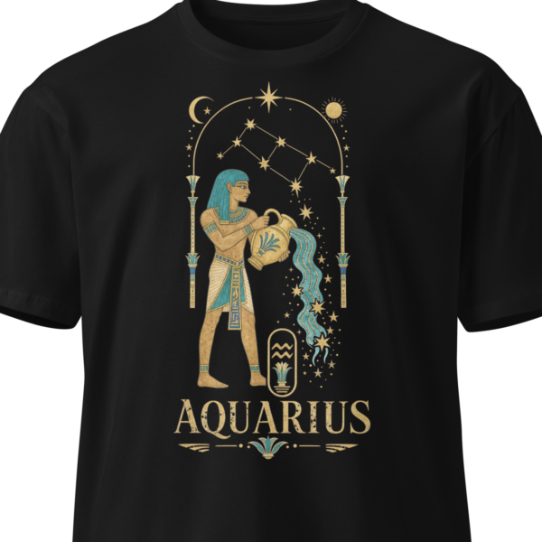 Black unisex t-shirt on an invisible mannequin showing the Aquarius design