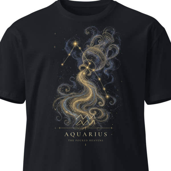 Black unisex t-shirt on an invisible mannequin showing the Aquarius design