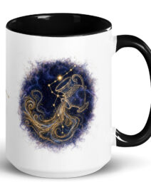 White ceramic mug with black interior and handle, showing the enlarged gold and navy Aquarius constellation orb