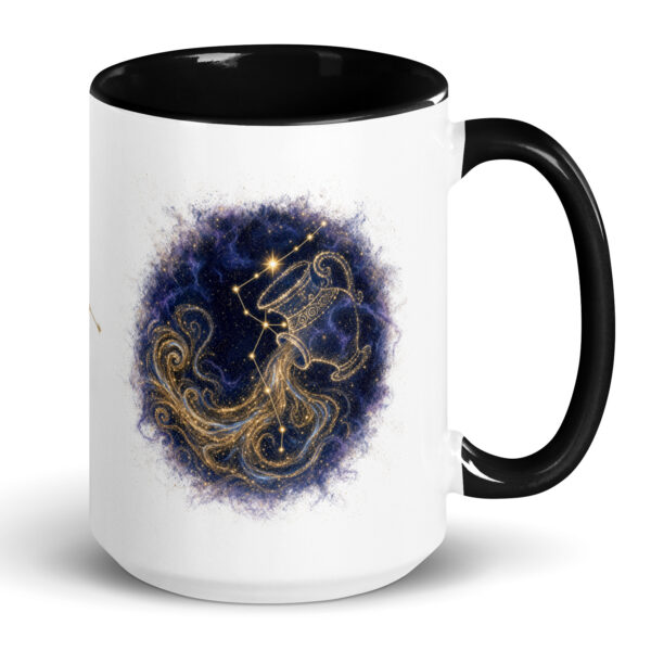 White ceramic mug with black interior and handle, showing the enlarged gold and navy Aquarius constellation orb