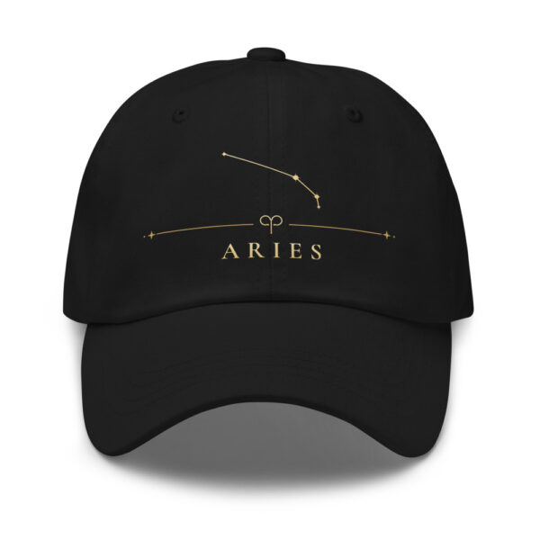 Black classic dad hat with gold Aries constellation and ARIES wordmark