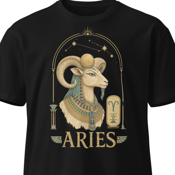 Black unisex t-shirt on an invisible mannequin showing the Aries design