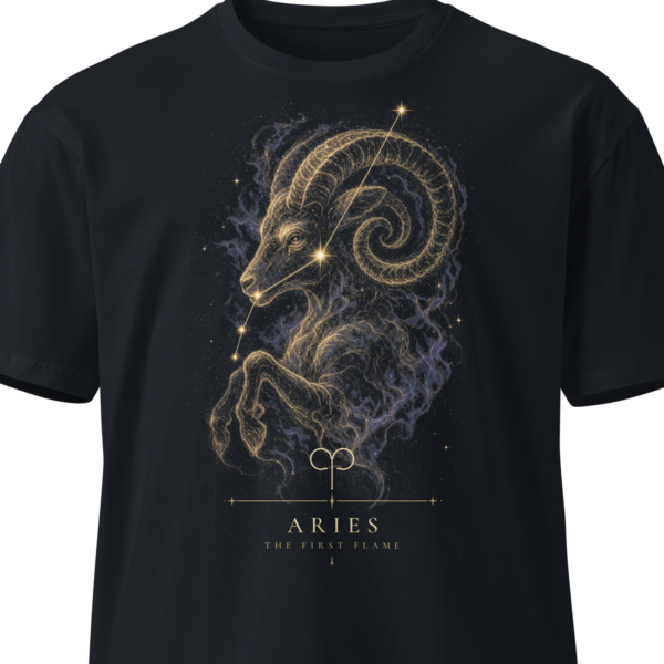 Black unisex t-shirt on an invisible mannequin showing the Aries design