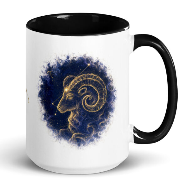 White ceramic mug with black interior and handle, showing the enlarged gold and navy Aries constellation orb