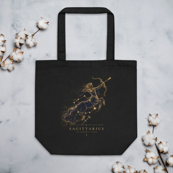 Sagittarius Eco Tote Bag — Celestial (black), flat lay