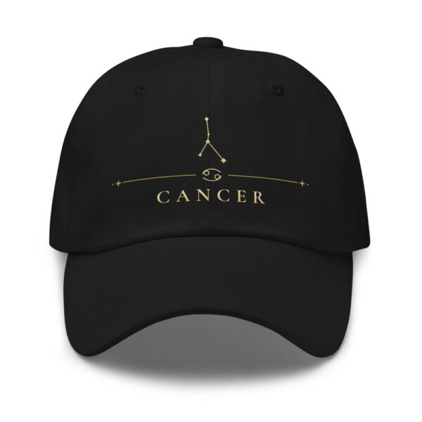 Black classic dad hat with gold Cancer constellation and CANCER wordmark