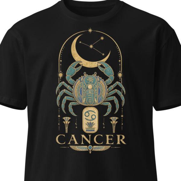 Black unisex t-shirt on an invisible mannequin showing the Cancer design