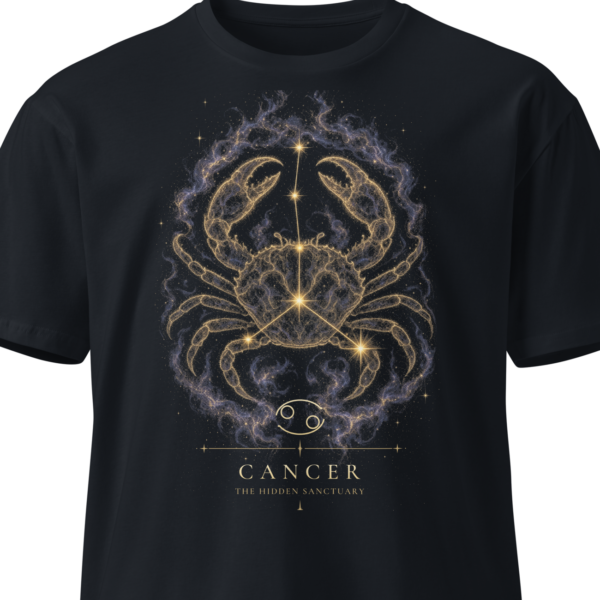 Black unisex t-shirt on an invisible mannequin showing the Cancer design