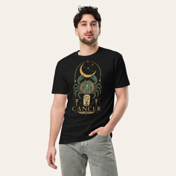 Man wearing the black Cancer Ancient Egypt zodiac T-shirt
