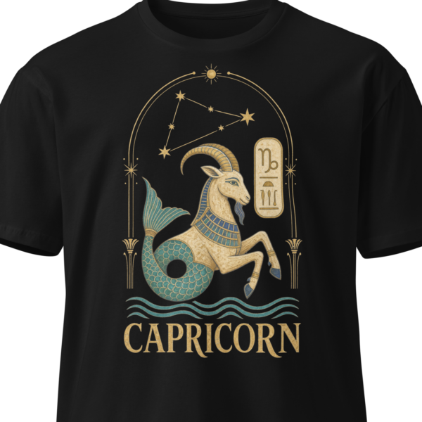 Black unisex t-shirt on an invisible mannequin showing the Capricorn design