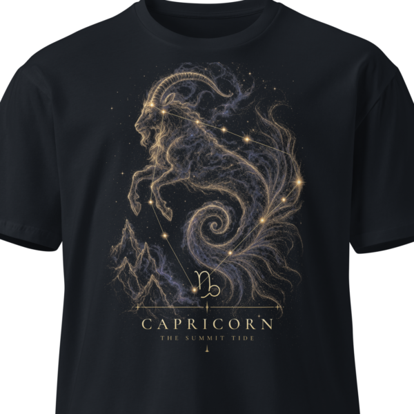 Black unisex t-shirt on an invisible mannequin showing the Capricorn design