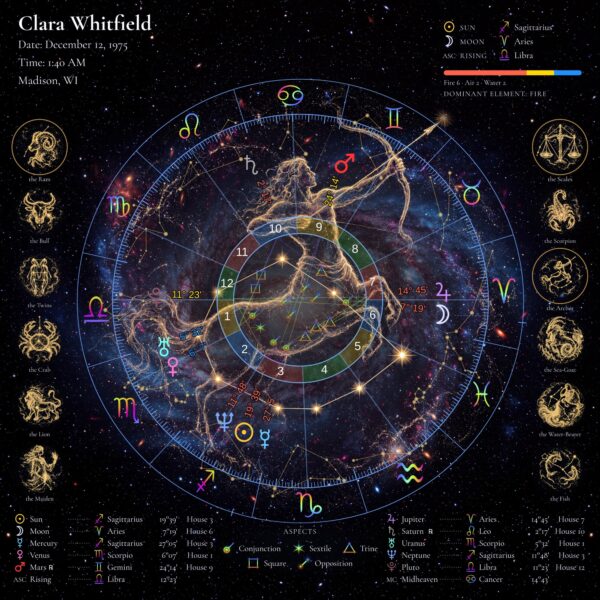 Spiral Galaxy with Figure personalized natal birth chart metal print, full chart straight on with a see-through Sagittarius archer figure over a spiral galaxy, with name, birth date, time and place