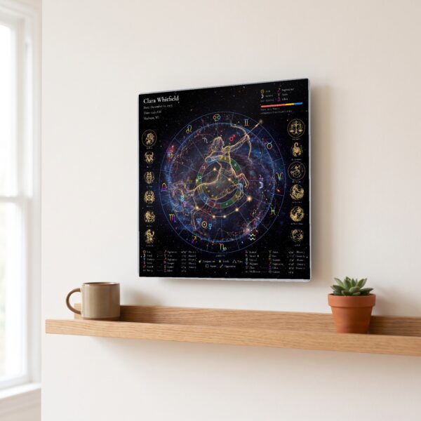 Spiral Galaxy with Figure personalized birth chart metal print hanging on a wall above a shelf, 12 x 12 inches