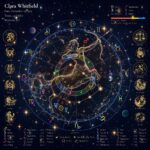 Starry Night with Figure personalized natal birth chart metal print, full chart straight on with a see-through Sagittarius archer figure over a golden starfield, with name, birth date, time and place